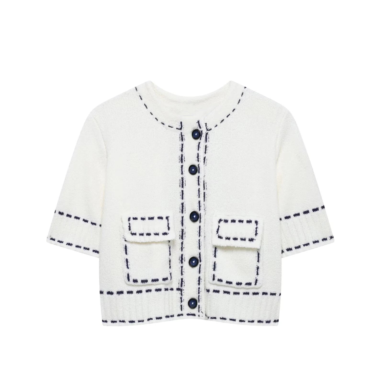 LIZAKOSHT  -  Elegant Knitted Cardigan Coat Women Fashion Single-Breasted Pockets Short Sleeve Crop Sweater 2025 New Summer Casual Slim Tops