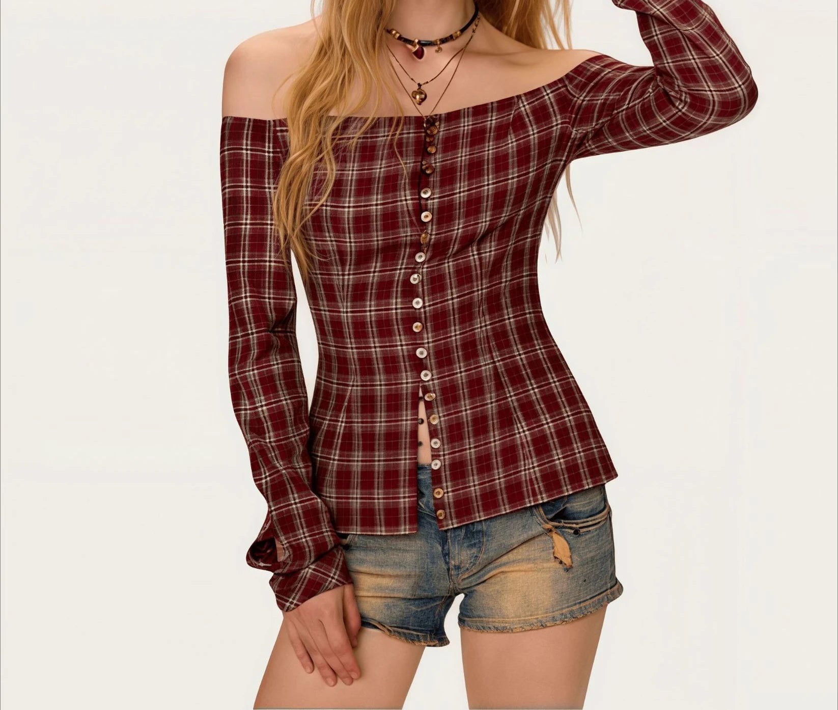 LIZAKOSHT  -  2026 Spring New Arrival Plaid One-Shoulder Long Sleeve Shirt with Design Appeal, Niche Style, Exposed Shoulder Top for Women