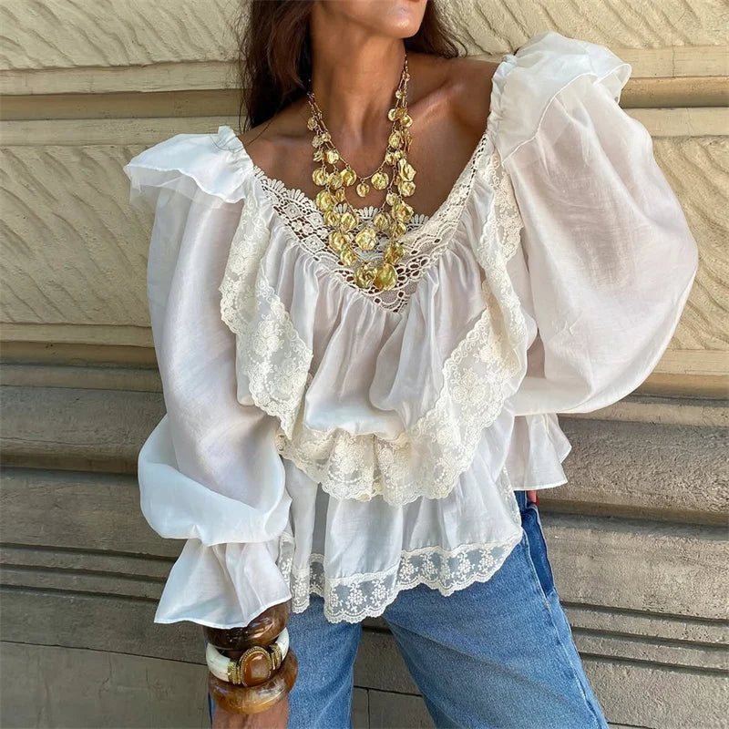 LIZAKOSHT  -  Sexy Off-Shoulder Lace Patchwork T-Shirt Top Women Lantern Sleeve Fashion Casual Solid Female T-shirt Top Streetwear