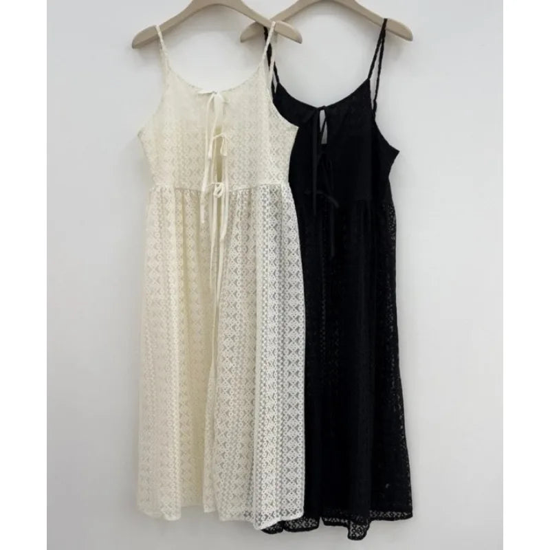 LIZAKOSHT  -  Korean Jacquard Hollow Lace-up Sexy Sling Dress Women 2024 Summer New Streetwear Solid Color All Match Mid-length Dress