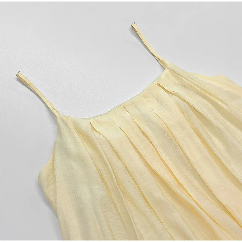 LIZAKOSHT  -  Casual Loose Pleated Sling Long Dress Women Chic Simple Beige Sleeveless Low Cut Holiday Dresses Lady Retro Summer Beach Vestido