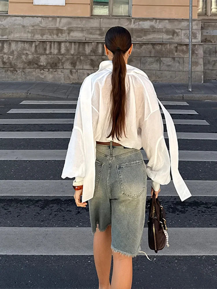 LIZAKOSHT  -  Commute Ribbon White Shirts Women Loose Puffy Long Sleeves See Through Blouse Female Spring Summer New Chic Streetwears