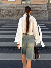 LIZAKOSHT  -  Commute Ribbon White Shirts Women Loose Puffy Long Sleeves See Through Blouse Female Spring Summer New Chic Streetwears