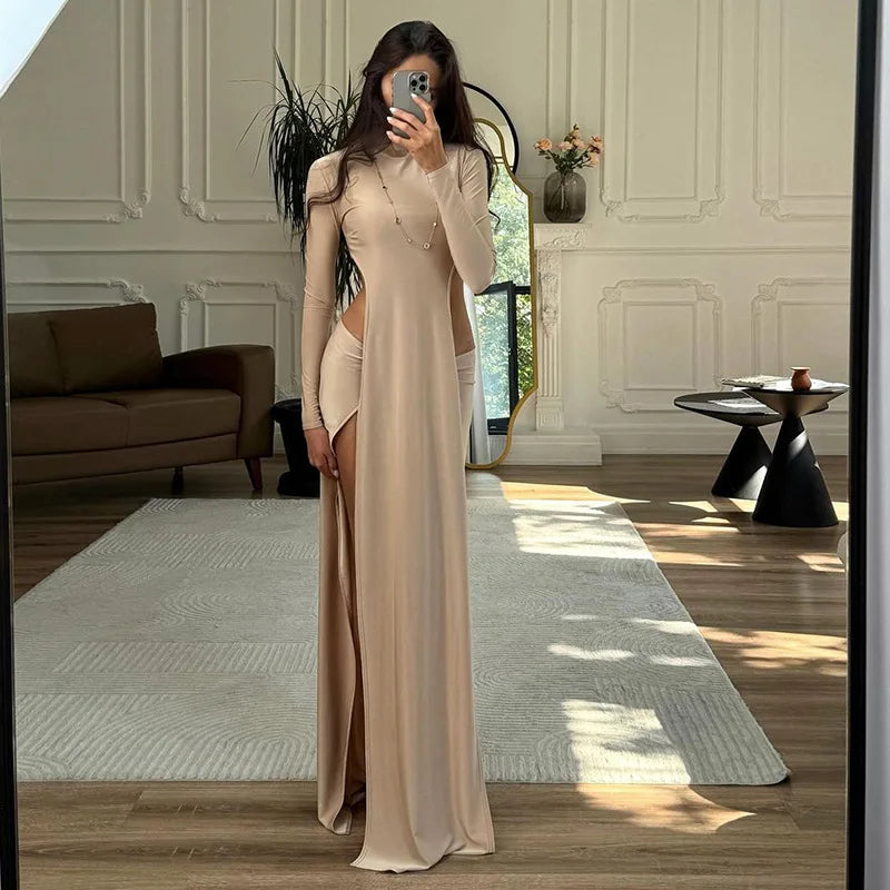 LIZAKOSHT  -  Fashion Women 2 Piece Set O Neck Long Sleeve Backless Asymmetrical Extra Long T-shirts Tops + Ruched Bodycon Maxi Skirts Suits