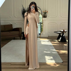 LIZAKOSHT  -  Fashion Women 2 Piece Set O Neck Long Sleeve Backless Asymmetrical Extra Long T-shirts Tops + Ruched Bodycon Maxi Skirts Suits