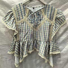 LIZAKOSHT  -  Embroidered Plaid Ruffle  Top Round Neck Uneven Flounce Hem Spring Summer Picnic  Lady Women Cottage Vintage Sweet  Outfit