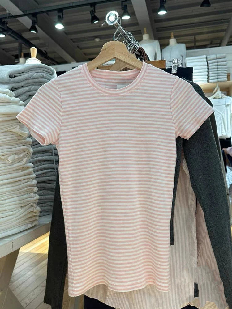 LIZAKOSHT  -  Pink Striped Slim T-shirts Woman Summer Round Neck Short Sleeve Tee Shirts Female Sweet Cute Preppy Style Cotton Tshirt Y2k Tops