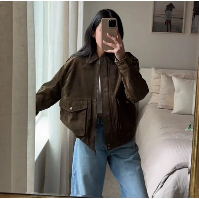 LIZAKOSHT  -  Casual Brown Women Coat Elegant Lapel Zippers Button Big Pocket Female Jacket 2025 Spring Autumn Elegant Lady Streetwear