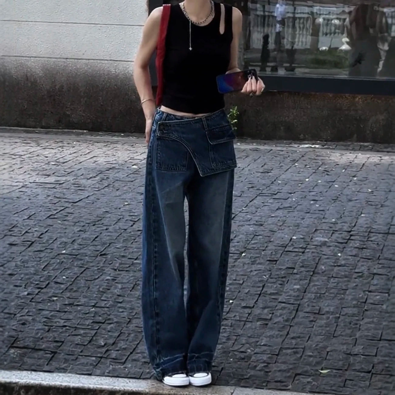 LIZAKOSHT  -  Women Casual Eclectic Waif 2000s Jeans American Vintage Patchwork Jeans Y2K Harajuku Street Style Washed Pockets Denim Trouser