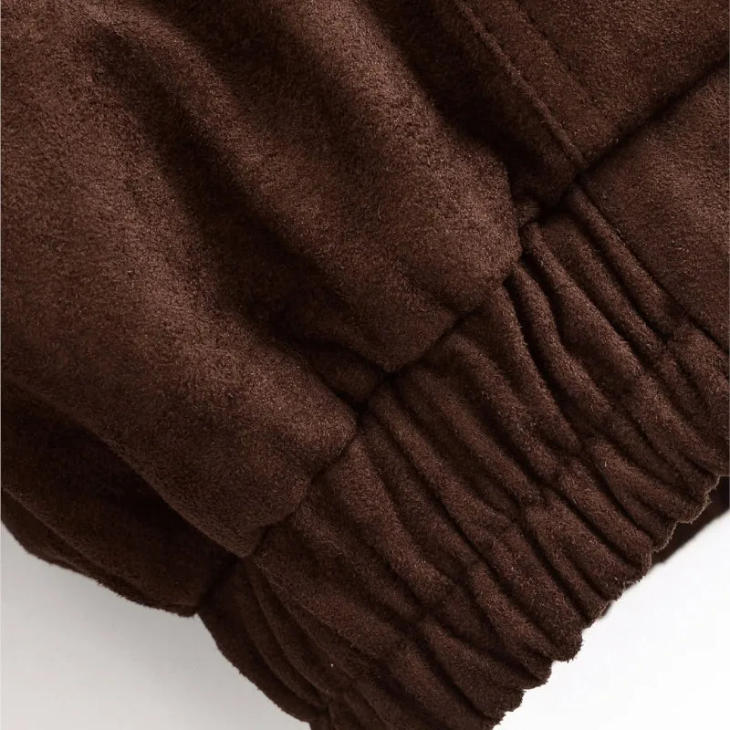 LIZAKOSHT  -  Vintage Suede Bomber Jacket For Women Brown Short Coat High Collar Long Sleeves With Pockets Overcoat New Autumn Winter