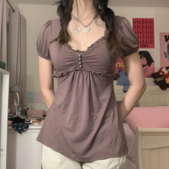 LIZAKOSHT  -  90s Vintage Brown Frill T-shirt Y2K Aesthetic Fairycore Grunge Button V Neck Puff Sleeve Pullovers Tees Retro Tops Women Clothes