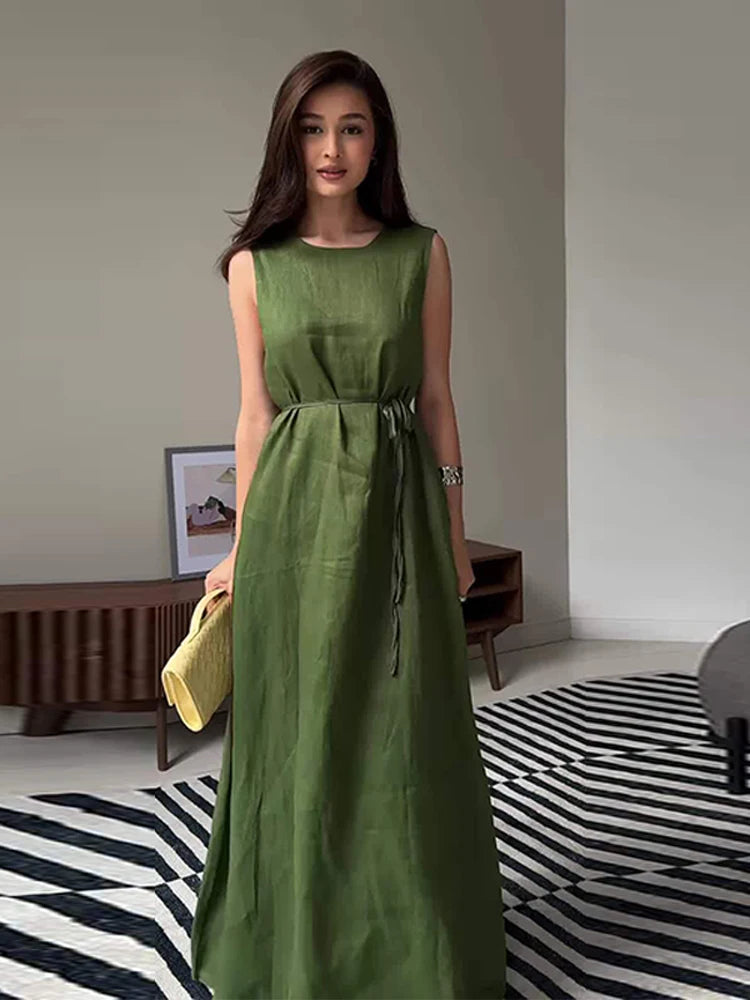 LIZAKOSHT  -  Lace Up Sleeveless Maxi Dresses Woman Cotton Linen Loose  O-neck Long Dress Ladies Casual Solid Colors Summer Office Robe