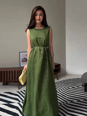 LIZAKOSHT  -  Lace Up Sleeveless Maxi Dresses Woman Cotton Linen Loose  O-neck Long Dress Ladies Casual Solid Colors Summer Office Robe