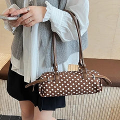 LIZAKOSHT  - Y2k Polka Dot Cylindrical Handbag Ins Trendy Personality Elegant Retro Glossy Leather Exquisite Small Capacity Daily Commuting