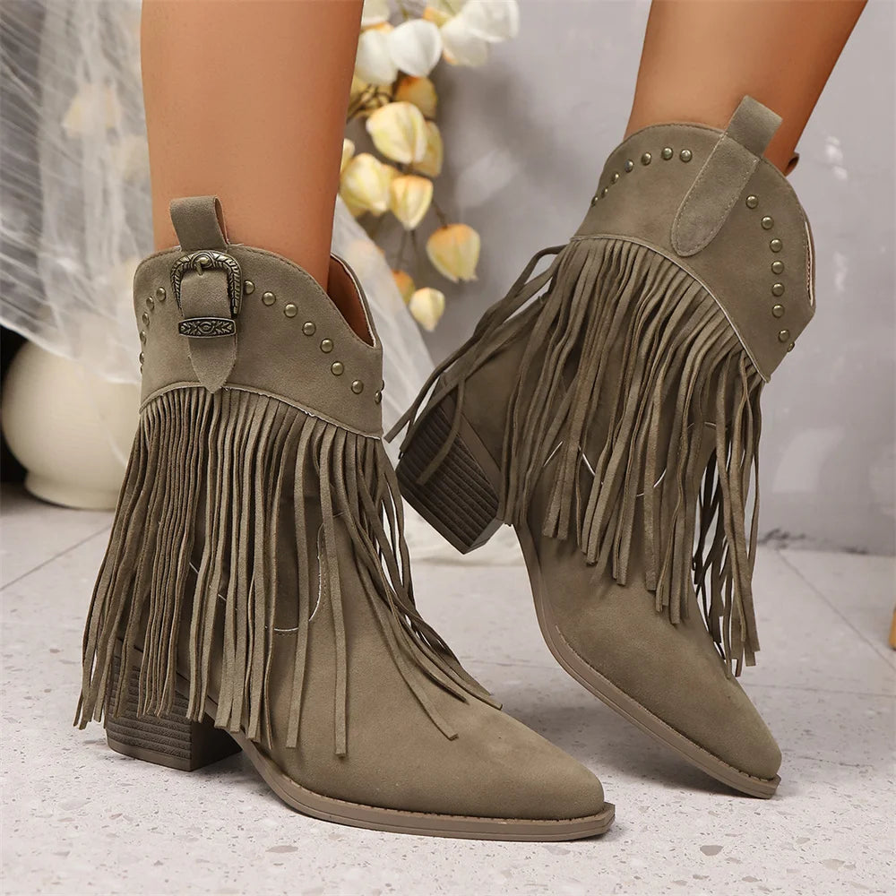 LIZAKOSHT  -  EUR Size 43 Black Square Heels Ankle Boots Women Brown Pointy Toe Fringes Cowboy Boots Gypsy Tassels Western Boots Shoes