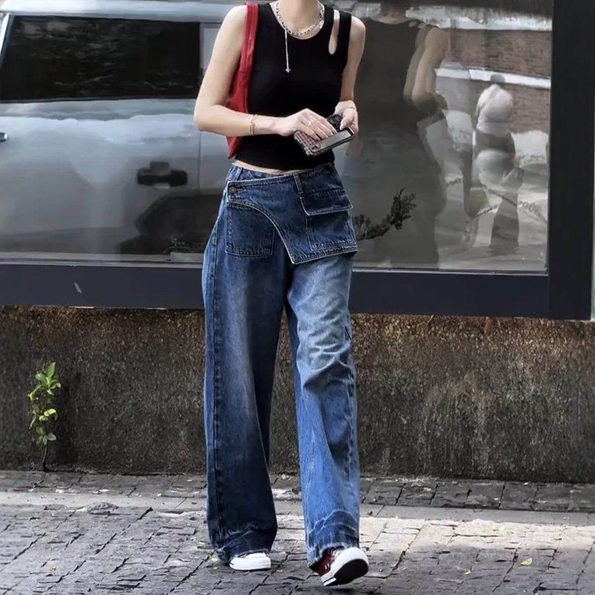 LIZAKOSHT  -  Women Casual Eclectic Waif 2000s Jeans American Vintage Patchwork Jeans Y2K Harajuku Street Style Washed Pockets Denim Trouser