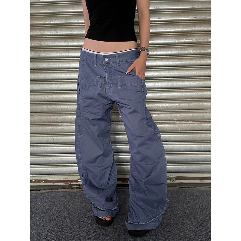 LIZAKOSHT  -  Chic Gray Cargo Jeans Y2k Streetwear Casual Loose Denim Pants For Women Aesthetic 90s Low Waist Straight-leg Trousers