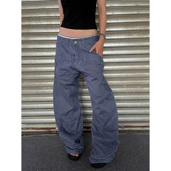 LIZAKOSHT  -  Chic Gray Cargo Jeans Y2k Streetwear Casual Loose Denim Pants For Women Aesthetic 90s Low Waist Straight-leg Trousers