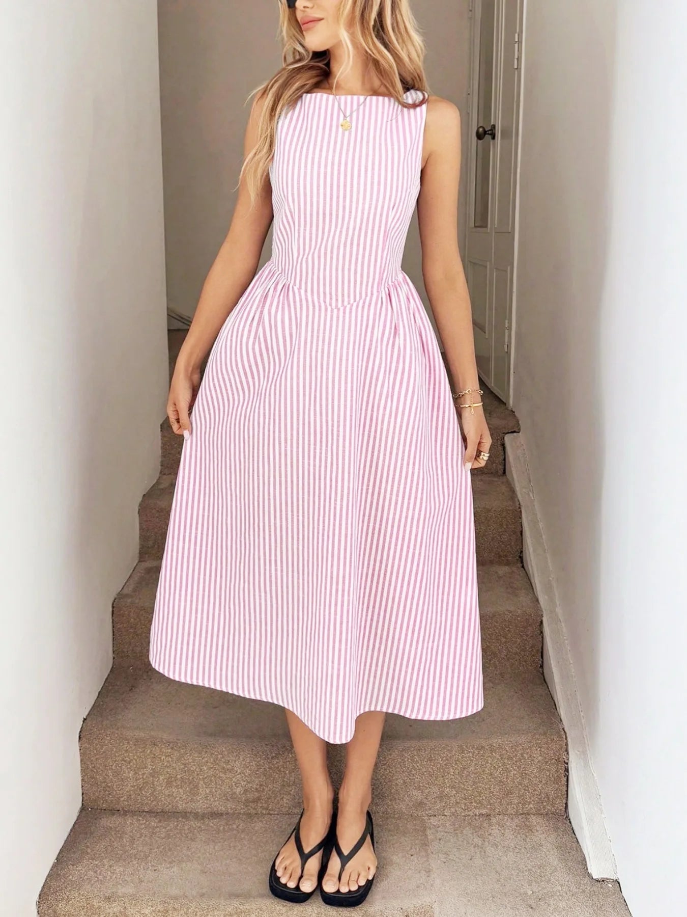 LIZAKOSHT  -  Women's Sleeveless Vertical Striped Midi Dress Elegant High Waist A-Line Vacation Dress