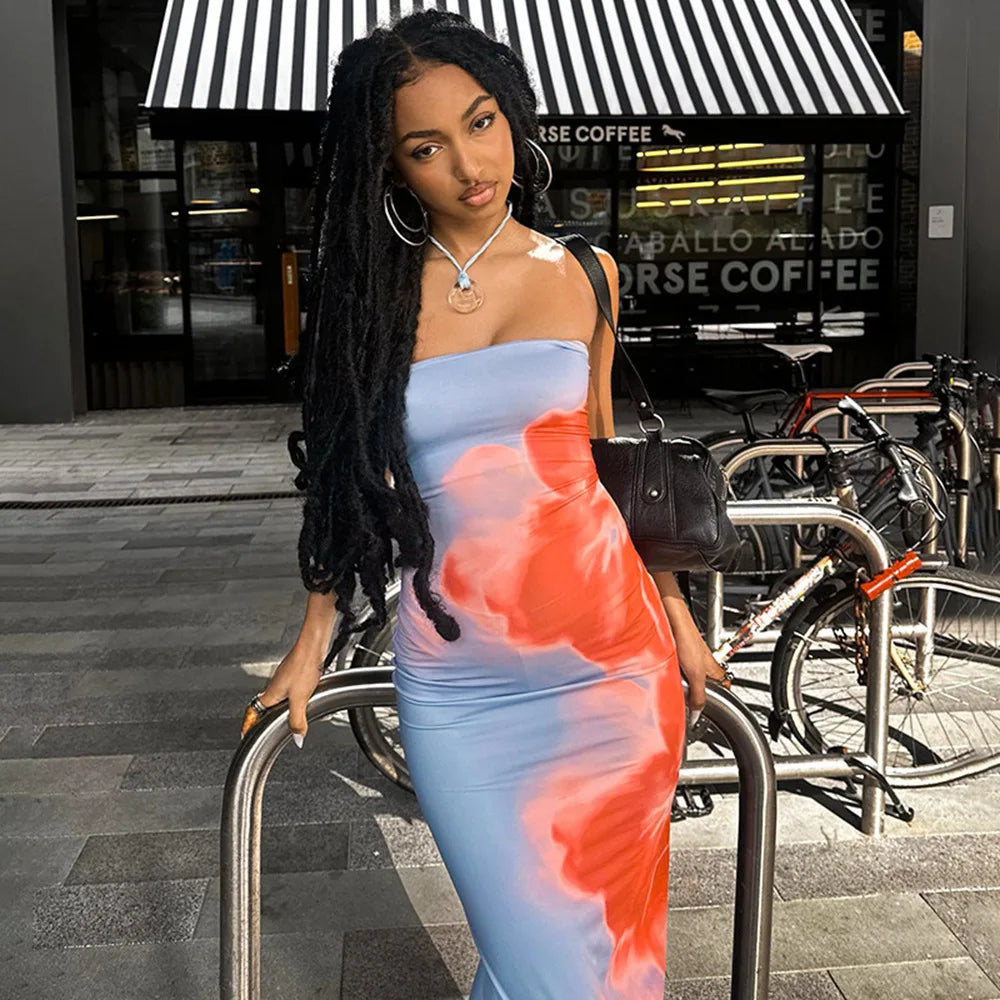 LIZAKOSHT  -  Summer New Sexy strapless Flower Printed Bag Hip Dress for Women Back Split Waist Tight Dresses Vacation style Casual Dress