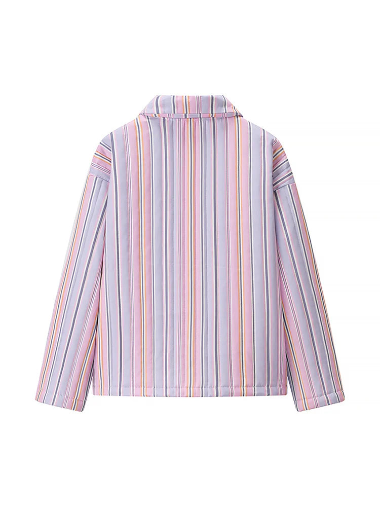 LIZAKOSHT  -  Chic Colorful Striped Lapel Collar Jacket Women Full Sleeve Zipper Patch Pockets Coat 2025 Autumn Female Chic Casual Outerwear