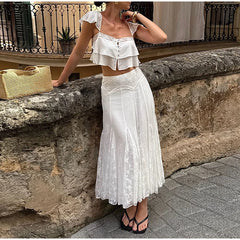 LIZAKOSHT  -  Square Neck Ruffled Crop Top & Pleated Midi Skirt 2-Piece Set Summer Fashion Boho Resort Vacation Casual Outfit