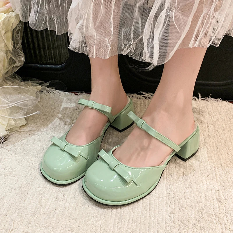 LIZAKOSHT  -  Summer Butterfly-knot Cover Toe Women Slippers Elegant Thick Heel Dress Slides Ladies Concise Slingback Dress Sandals Mule Shoes