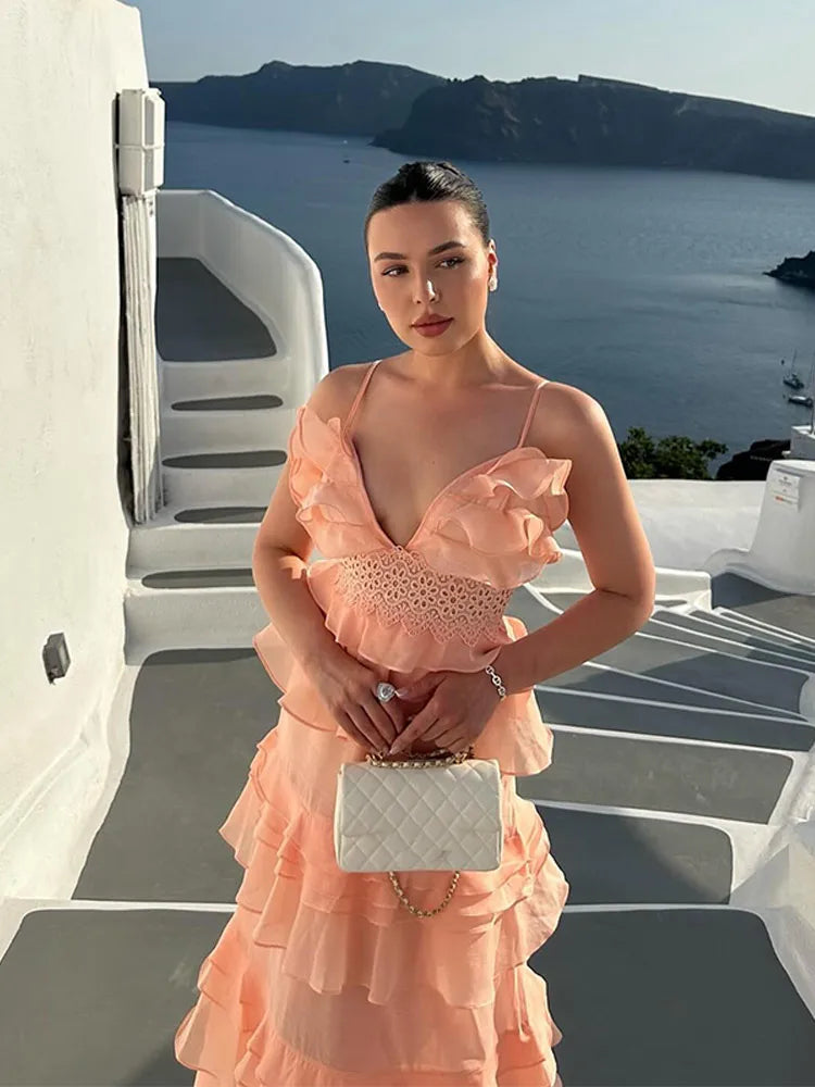 LIZAKOSHT  -  Cascading Ruffle Slip Women's Dress V-neck Sleeveless Hollow Out Waist Cinching Evening Party Dresses 2025 Summer Elegant Robe