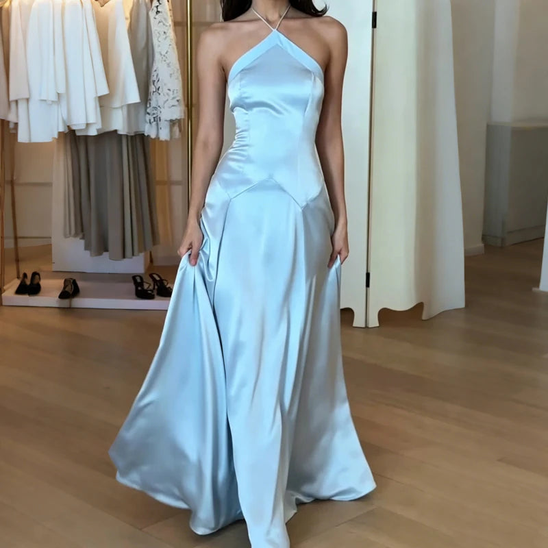 LIZAKOSHT  -  Elegant Sleeveless Waist Solid Satin Long Dress Sexy Backless Hollow Slim Party Dress Halter Neck Tie-Up Satin Women Gowns Dress