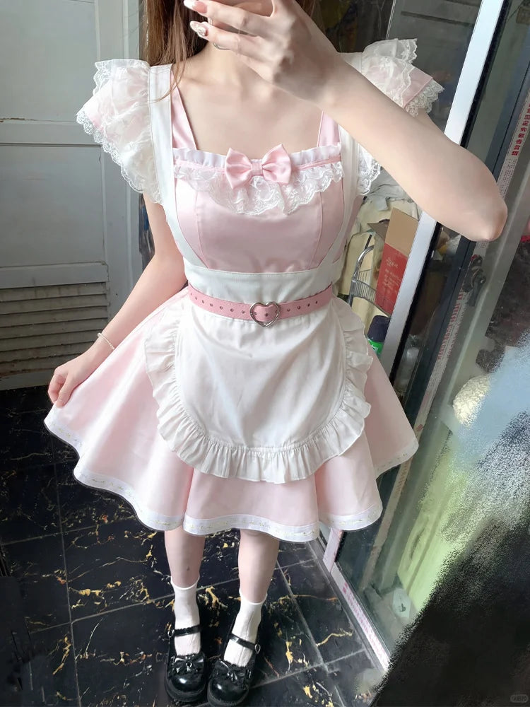 LIZAKOSHT  -  Japanese Kawaii Sweet Pink Slim New Lolita Dress Angel Designer Cute Fashion Patchwork Bow Lace A-line Girlish Dresses Clothing