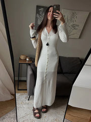 LIZAKOSHT  -  Deep V Cardigan Dresses Women Hollow Sexy Single-breasted Long Cardigan Summer White Slim-fit Long Sleeve Vacation Ladies Robe