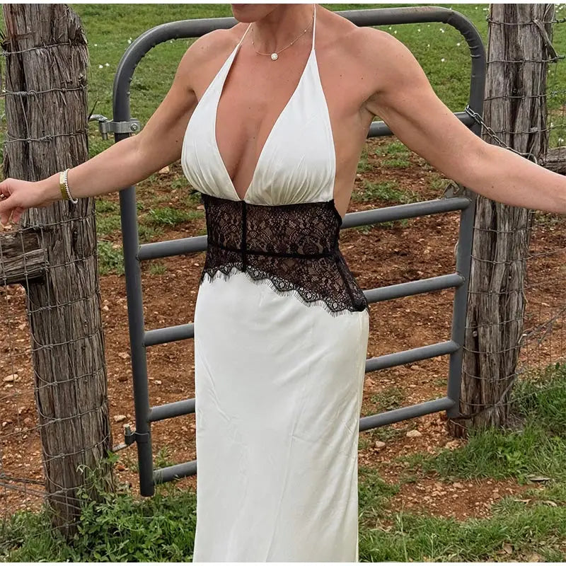 LIZAKOSHT  -  Patchwork Lace Long Dress For Women Deep V-neck Halter Sleeveless Draped Backless Robe 2025 Summer Elegant Female Party Dresses