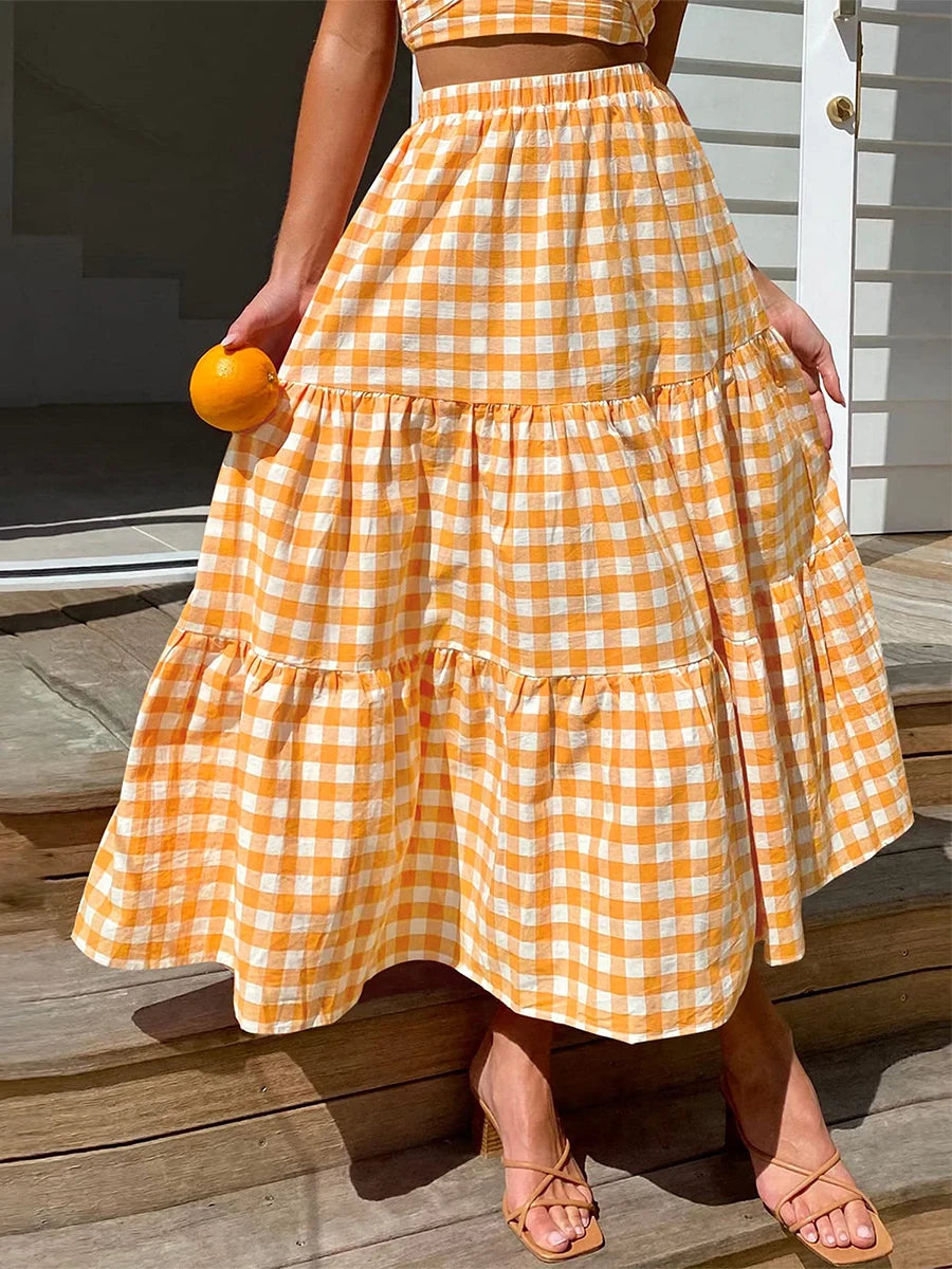 LIZAKOSHT  -  Maxi Gingham Skirt Vintage Tiered Ruff Patchwork Plaid Long Skirt Women Japanese Grunge Fairyore High Waist A-line Swing Skirts