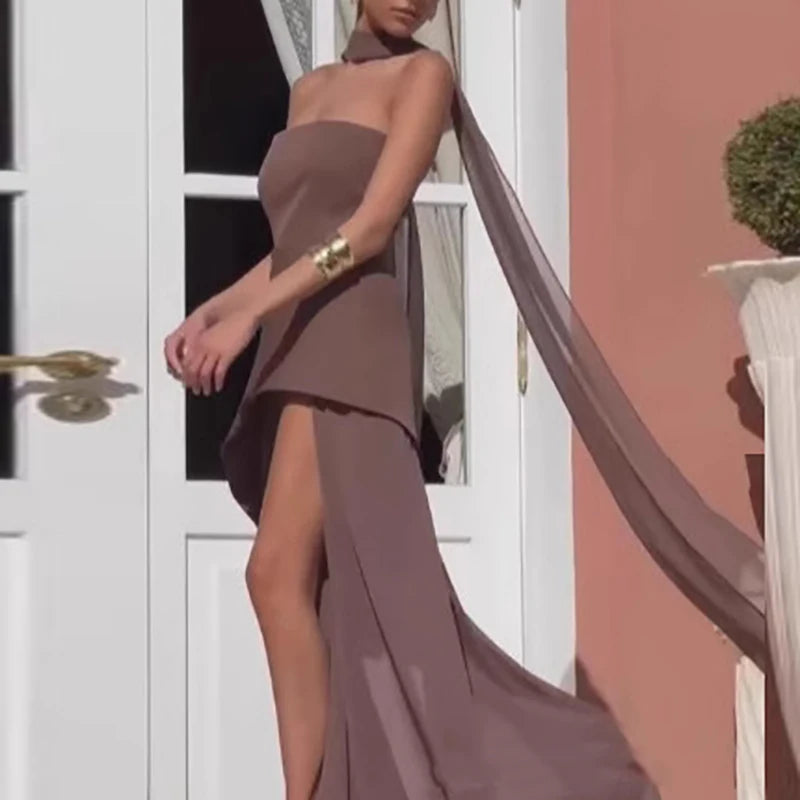 LIZAKOSHT  -  Elegant Patchwork Solid Color Party Dress Fashion Strapless Scarf High Waist Evening Dress Lady Temperament Summer Long Dresses
