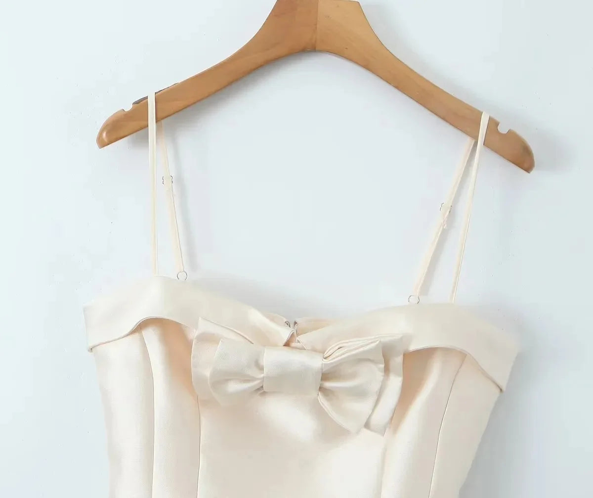 LIZAKOSHT  -  Ladies Daughter Wind Suspender Skirt Female French Bow Satin High Waist Short A-line Skirt Dress
