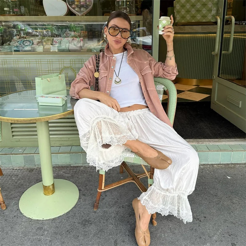 LIZAKOSHT  -  Autumn Lace Patchwork Casual Long Pants For Women Fashion Ruched Sexy Elastic Lace-up Loose Long Pants Female Outfits