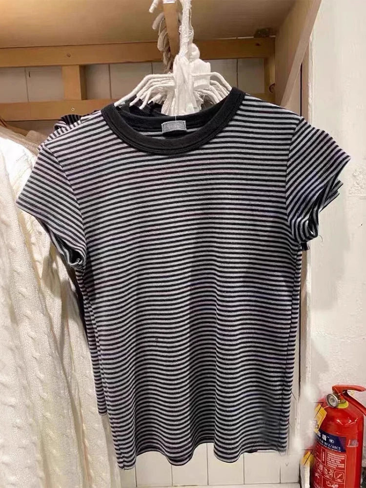 LIZAKOSHT  -  Pink Striped Slim T-shirts Woman Summer Round Neck Short Sleeve Tee Shirts Female Sweet Cute Preppy Style Cotton Tshirt Y2k Tops
