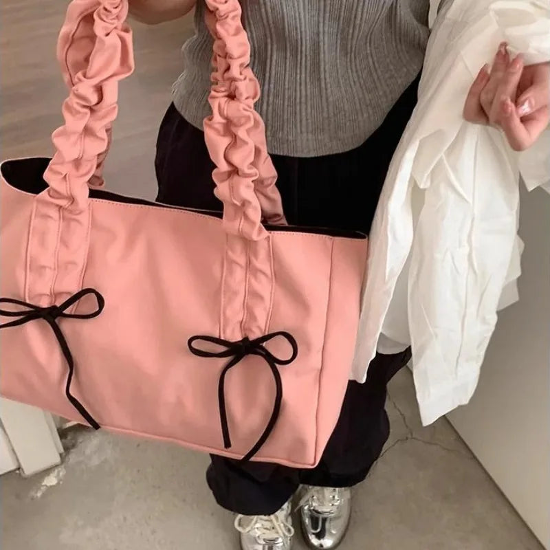 LIZAKOSHT  -  Pink Pleated Womens Tote Bag Nylon Sweet Elegant Gentle Literary Casual Shoulder Bag Aesthetic New Korean Fashion Handbag