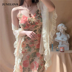 LIZAKOSHT  -  French Sweet Vintage Floral Dress Women Casual Spaghetti Strap Beach Dress Female Summer Office Lady Party Vestidos