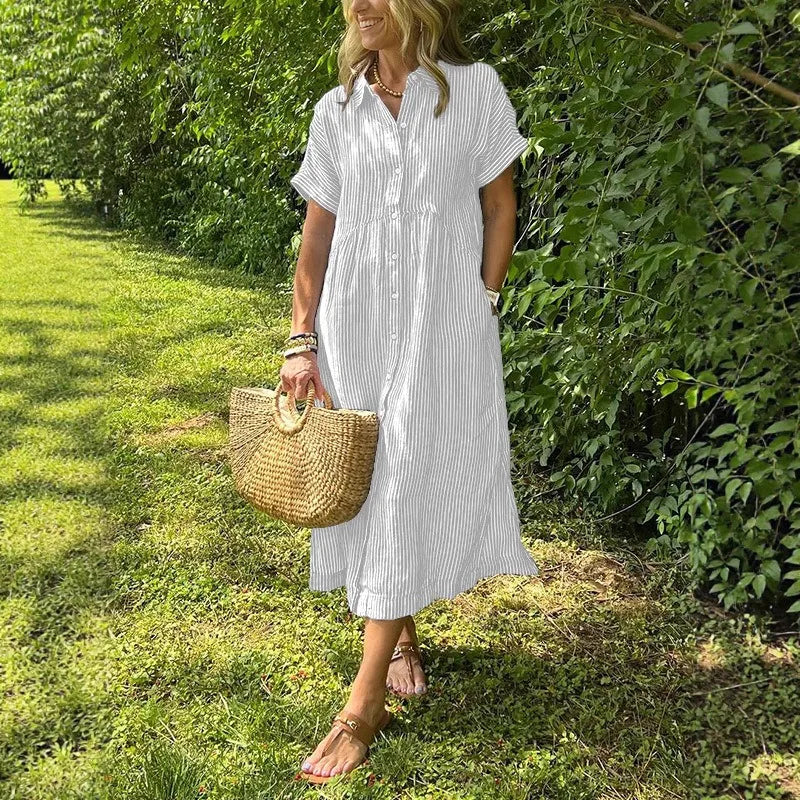 LIZAKOSHT  -  Summer New Women's Striped Dress Shirt Lapel Loose Button Cardigan Pocket Fashion Vacation Casual Street Midi Skirt for Female