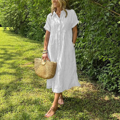 LIZAKOSHT  -  Summer New Women's Striped Dress Shirt Lapel Loose Button Cardigan Pocket Fashion Vacation Casual Street Midi Skirt for Female
