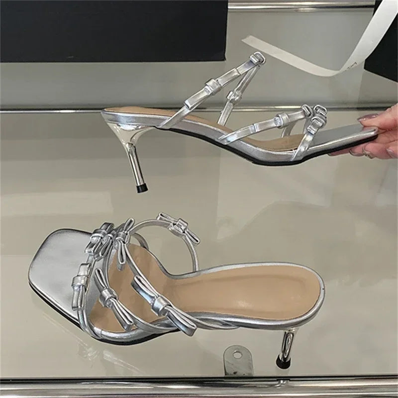 LIZAKOSHT  -  Leopard Narrow Strap Women Slippers 2025 Summer Fashion Party Thin Heel Satin Slide Sandals Sexy Square Toe Bowknot Mule Shoes