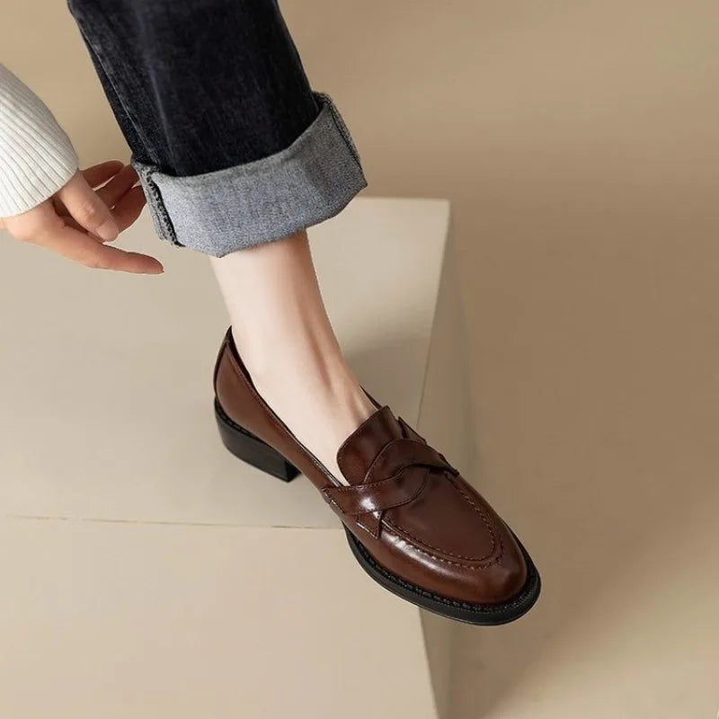 LIZAKOSHT  -  Retro Spring Autumn Women's round Toe Thick Heel Slip-On Loafers British Style Fashion Single Shoes Comfortable Leather