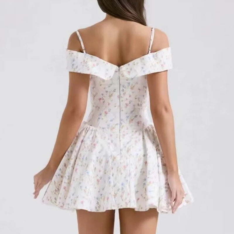 LIZAKOSHT  -  Elegant Women Sweet Floral Print Sexy Off Shoulder Dress Low Waist Summer Ladies Party Mini Dresses