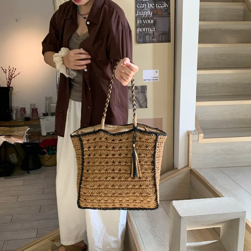 LIZAKOSHT  -  Mesh Crochet Beach Bags Women Hollow Out Straw Woven Tote Bag Seaside Vacation Square Knitted Handbag with Tassel