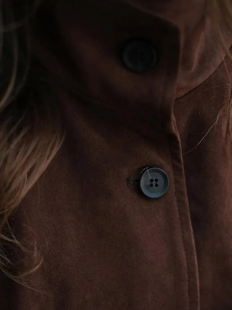 LIZAKOSHT  -  Retro Brown Suede Short Jacket Elegant Women Stand Collar Full Sleeves Single Breasteds Loose Coats Autumn Chic Lady Street Wear