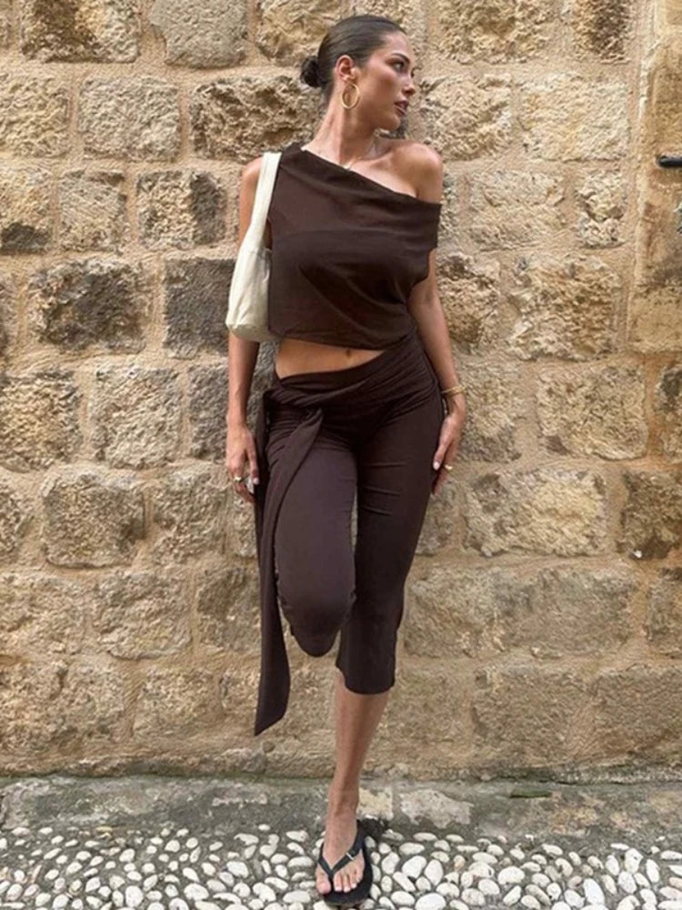 LIZAKOSHT  -  Women's Low Waist Bandage Calf-length Pants Streetwear Fashion Casual Ladies Solid Color Trousers Female Slim Flare Pants