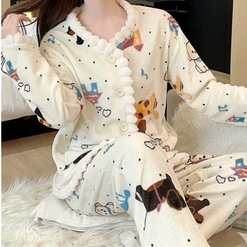 LIZAKOSHT  -  Coral Fleece Pajamas Women Autumn Winter Print Thickened Plush Sleepwear Cardigan Suit Warm Soft Homewear Long Sleeves Pajamas