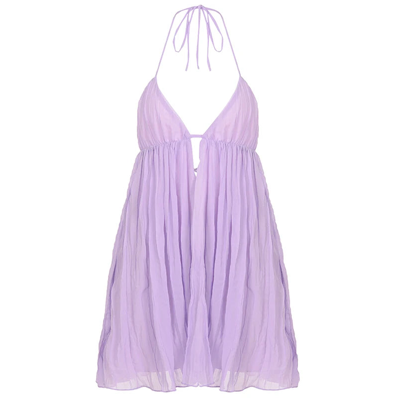 LIZAKOSHT  -  Purple Chiffon Backless Sleeveless Sundress Elegant  Sexy Deep V Neck A-line Mini Dress Summer Beach Vacation Outfits