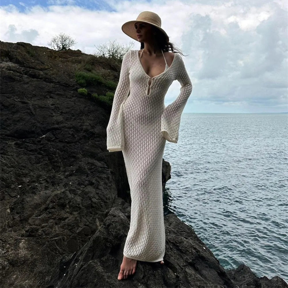 Lizakosht Casual Crochet Long Sleeve Backless Sexy V-Neck Bodycon Elegance Evening Dress Autumn Hollowed Out Beach Knit Long Dress
